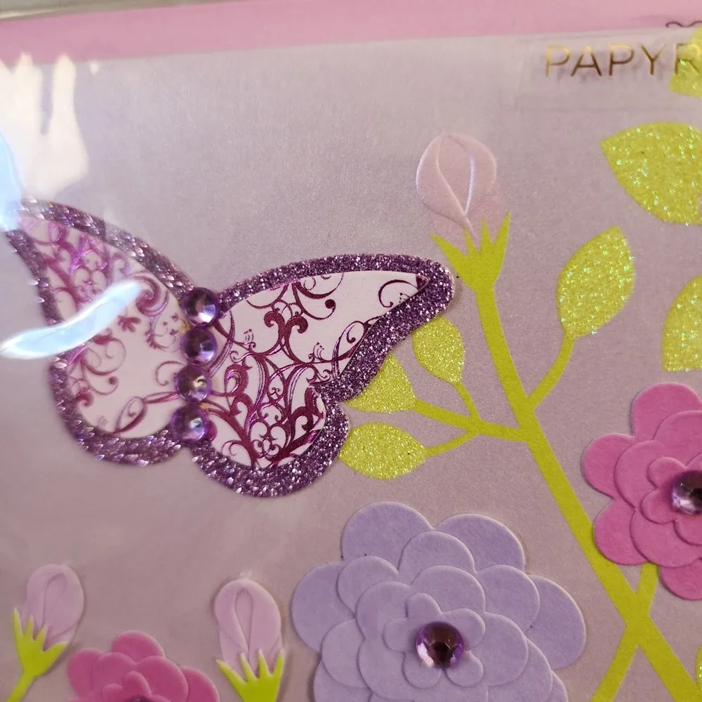 Papyrus Birthday Card Butterfly Flowers Glitter Gems Pink 05086612